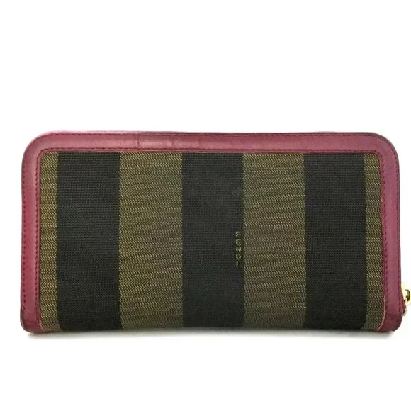 FENDI Pequin Canvas Leather Zip Around Long Wallet Khaki/2BB3771